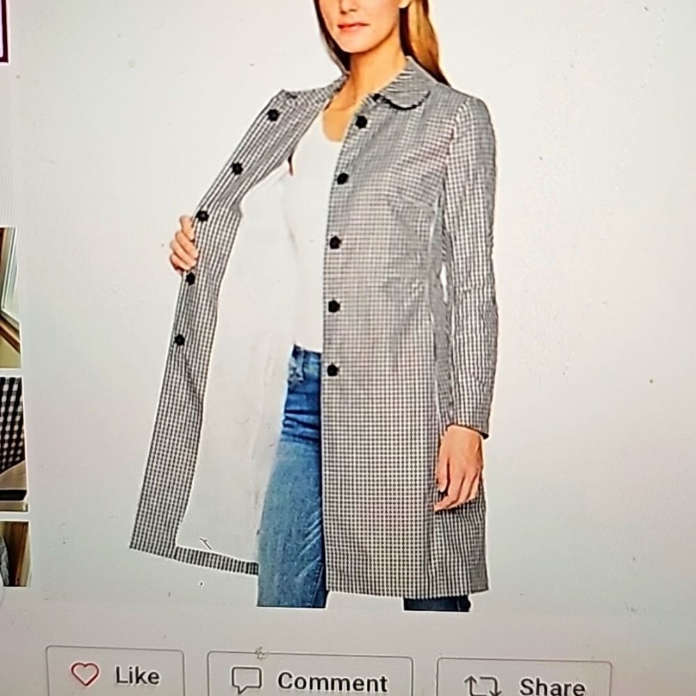 Anne Klein Black White Plaid Houndstooth Gingham Trench Jacket Coat Checkered 16